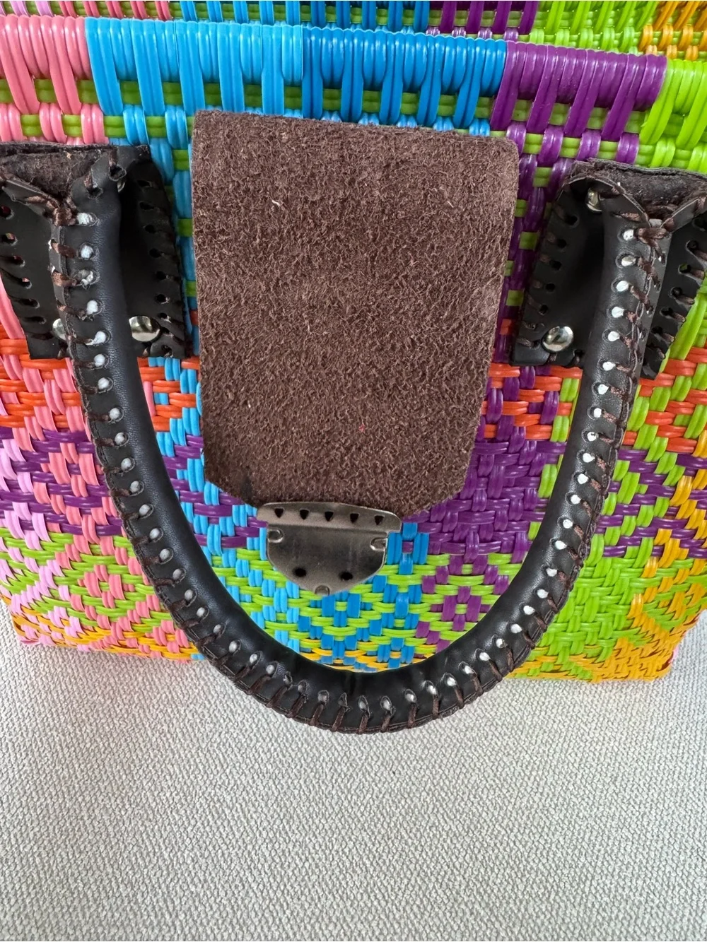 Artisan Woven Tote Bag multicolor with Dark Brown Handles - Picture 5 of 7